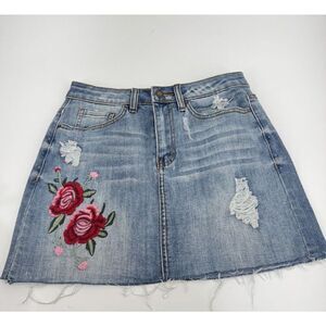 Angel Kiss Jean Skirt Mini Denim Distressed Embroidered Roses Raw Hem Sz S